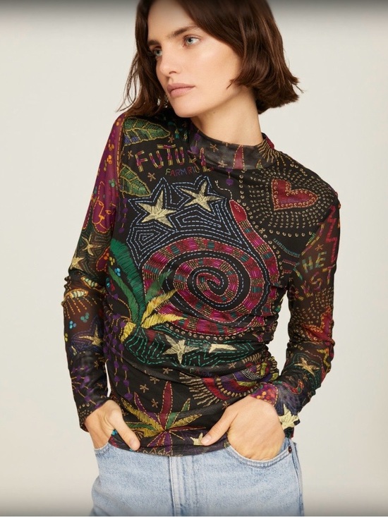 FARM Rio Tops - FARM Rio Black Multicolor Graphic Mock Neck Long-Sleeve Top